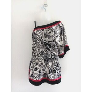 IZ Beyer One Shoulder Top Blouse Womens Medium Satin Black White Red Floral Chic
